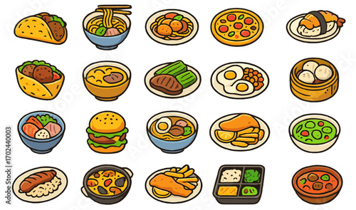Hand-drawn international food icon set featuring ramen, sushi, tacos, pizza, burgers, noodles, steak, dim sum, curry, and traditional meals