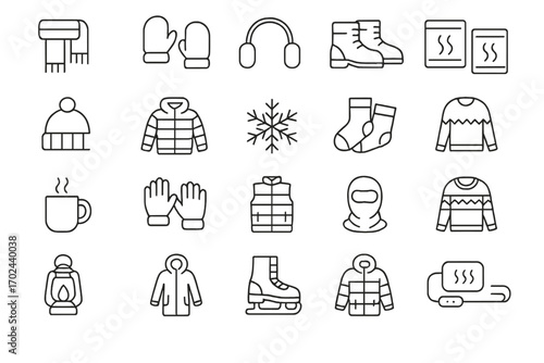 Winter clothing and accessories icons set on metallic background including jackets, gloves, boots, sweaters, scarves, and winter gear illustrations