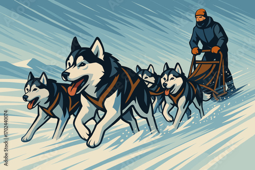 Illustration of Dog Sledding Team Racing Through Snow with Musher in Winter Landscape