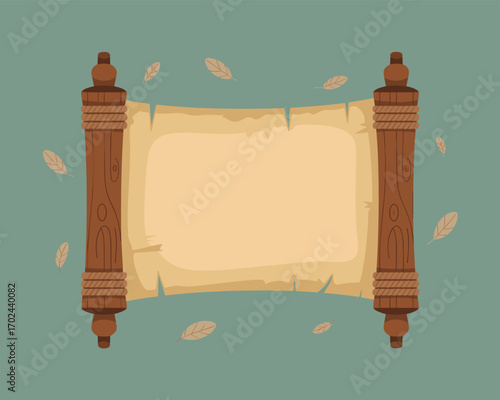 Aged Parchment Scroll with Wooden Rollers and Floating Feathers on Teal Background