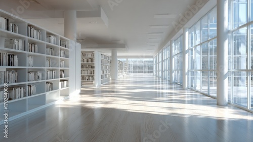 Empty Modern Library Interior with Bookshelves – Minimalist Background for Design and Web