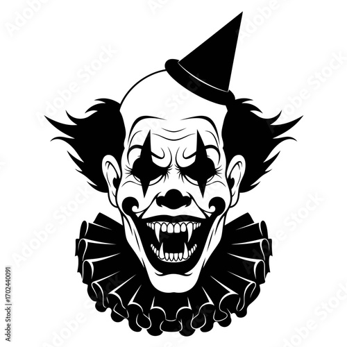 Scary clown face silhouette isolated on white background