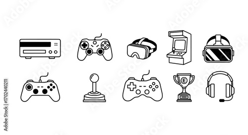 Video Game Console and Accessories Outline Icons Set