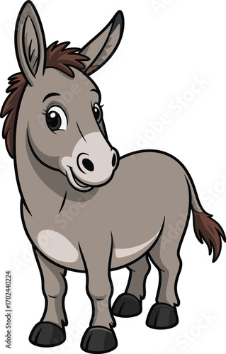 Cartoon donkey character, cute farm animal, vector illustration, friendly design, smiling donkey, children’s content, livestock cartoon, stock image, playful art