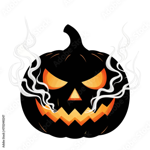 Scary jack o lantern silhouette with smoke isolated on white background