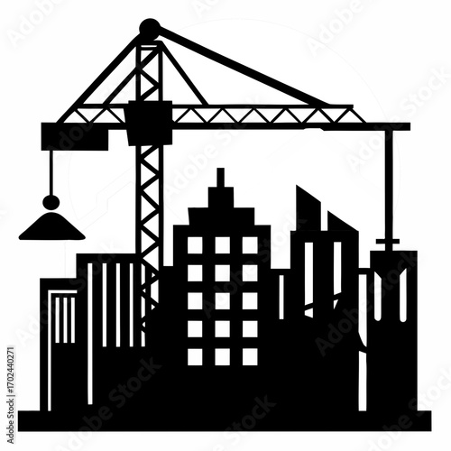 Silhouette of Urban Renewal: A stark silhouette captures the essence of modern city development, showcasing a towering crane poised above a rising cityscape, symbolizing progress and transformation.