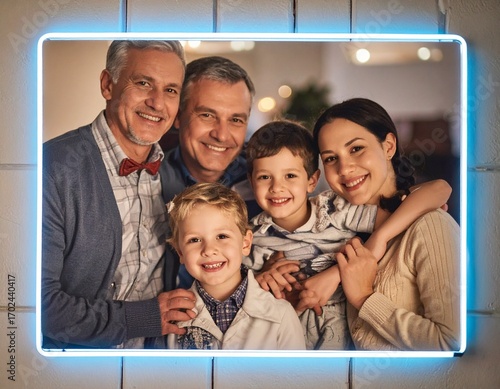 A happy multi-generational family of five smiling and posing together in a blue neon-lit frame, celebrating togetherness.