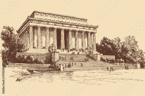 Lincoln Memorial, Washington illustration in a vintage style. This vector illustration can be used in any size you like for advertising, logos, and other work.