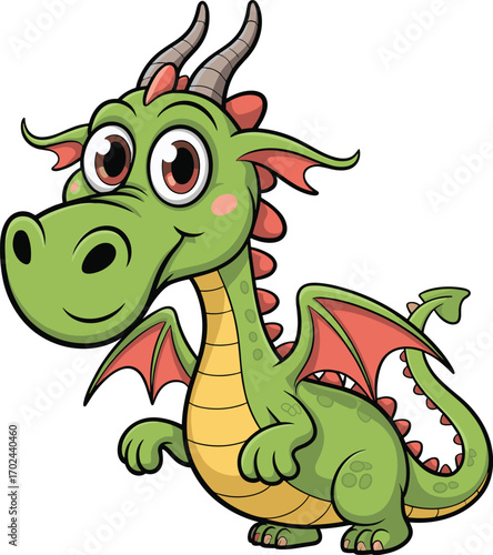 Cartoon dragon character, green fantasy creature, cute mythical animal, vector illustration, friendly monster, children’s design, red wings, stock art