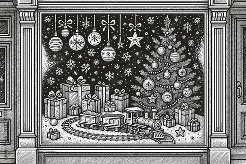 Vintage black and white Christmas window display with decorated tree, gifts, toy train, and snowflakes