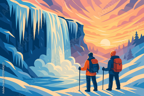 Winter hikers admiring frozen waterfall at sunset in scenic snowy mountain landscape illustration