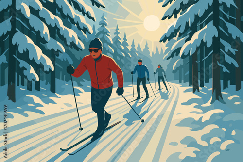 Cross-country skiers gliding through snowy forest trail under bright winter sun in scenic outdoor landscape
