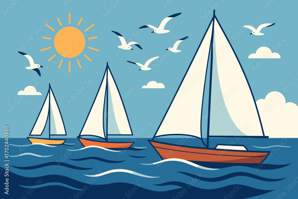 Fototapeta premium Illustration of sailboats on a sunny ocean with seagulls flying and blue waves under a clear sky