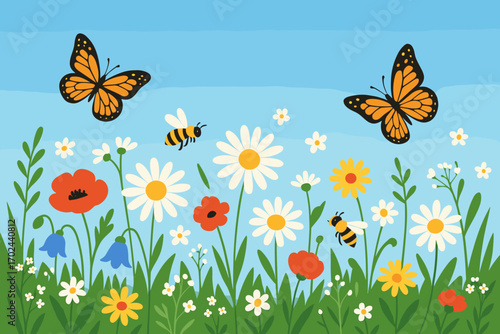 Bright spring meadow with monarch butterflies, bees, and colorful wildflowers under a clear blue sky