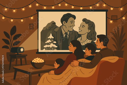 Warm family movie night illustration with vintage film projection, cozy blankets, string lights, and popcorn in a comfortable home setting