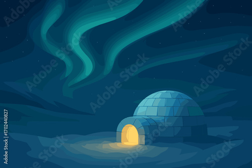 Tranquil night illustration of a glowing igloo in snowy arctic landscape under the northern lights and starry sky
