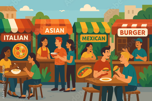 Illustration of diverse food stalls at an outdoor market serving Italian, Asian, Mexican, and burger dishes with people enjoying meals