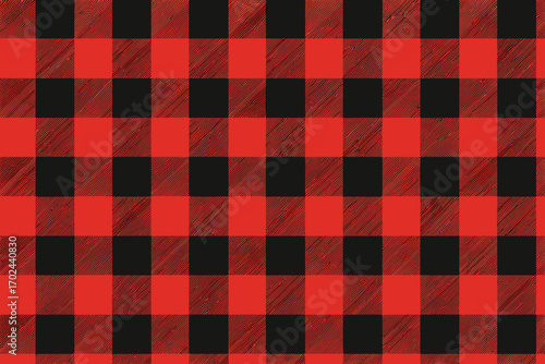 Classic seamless buffalo plaid pattern in red and black with diagonal hatching, traditional checkered flannel texture