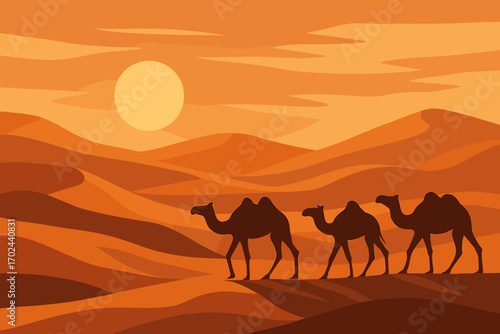 Silhouettes of camels walking through desert sand dunes at sunset with warm orange and brown tones