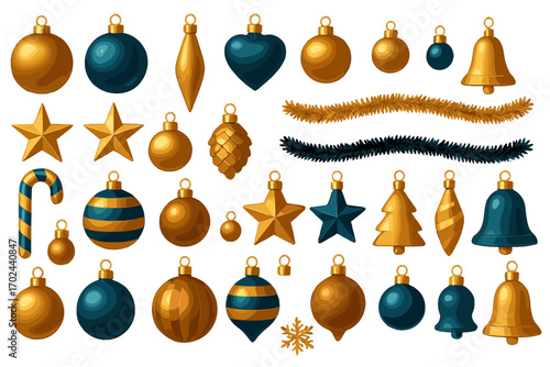 Set of elegant gold and blue Christmas ornaments and decorations on festive background