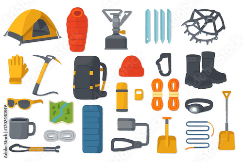 Illustration set of essential mountaineering and camping gear including tent, backpack, ice axe, ropes, boots, sleeping bag, and survival tools