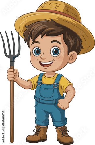 Cartoon farmer boy, straw hat, pitchfork in hand, smiling child, blue overalls, yellow shirt, vector art, farm theme, children’s character, white background