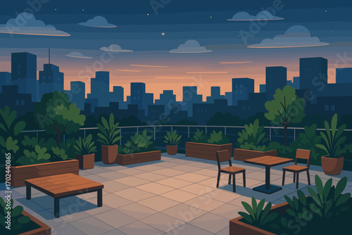 Illustration of a peaceful rooftop terrace with plants, benches, and chairs overlooking a city skyline at dusk