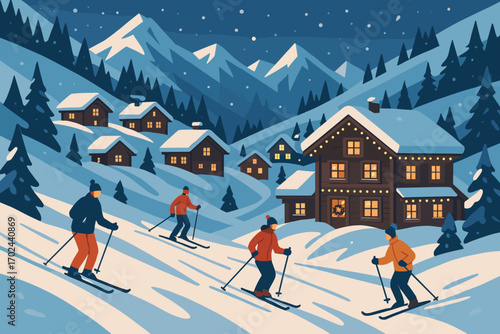 Scenic winter ski resort illustration with skiers on snowy slopes, cozy log cabins, pine trees, and snow-covered mountains at night