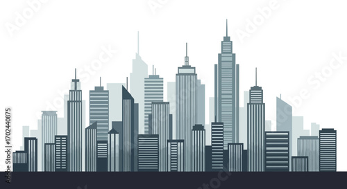 A cityscape skyline with various modern buildings in shades of gray.