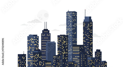 A modern city skyline illustration with illuminated skyscrapers against a night sky with a full moon.