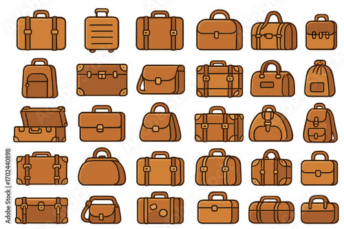 Collection of various travel bags and luggage icons in brown tones including suitcases, backpacks, briefcases, and duffel bags