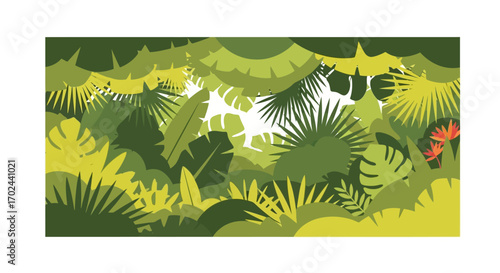 Stylized illustration of a dense tropical jungle with various green foliage and a hint of orange flowers.