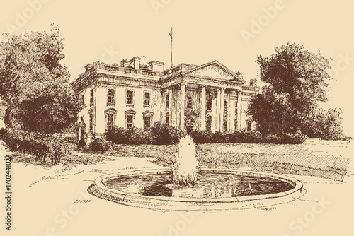 White House, Washington illustration in a vintage style. This vector illustration can be used in any size you like for advertising, logos, and other work.