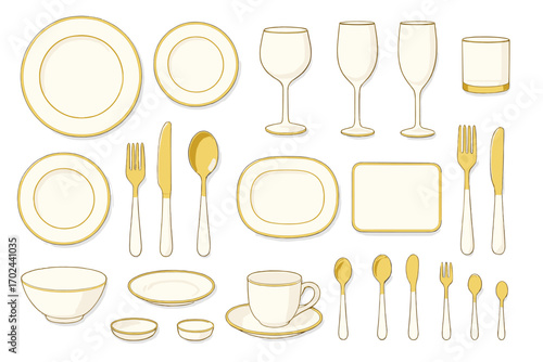 Luxury tableware and flatware set with gold rim plates, glasses, bowls, cups, and utensils in elegant illustration style
