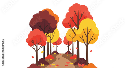 Autumnal path through a colorful forest of trees with falling leaves.