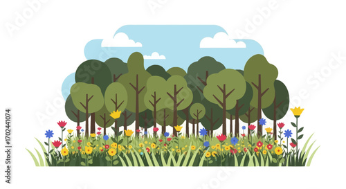 A vibrant flat design illustration of a lush green forest with a colorful wildflower meadow under a blue sky with clouds.
