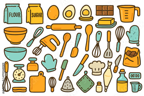 Hand-Drawn Baking and Cooking Icons Collection with Ingredients, Utensils, and Kitchen Tools on a Warm Gradient Background