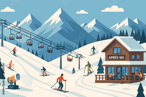 Scenic ski resort illustration with people skiing, ski lifts, snow cannons, and a cozy après-ski chalet in the snowy mountains