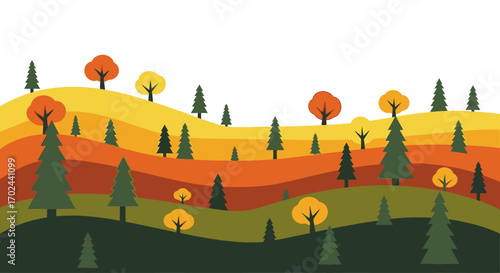 Stylized autumn landscape with rolling hills and a mix of evergreen and deciduous trees in warm fall colors, featuring a layered design.