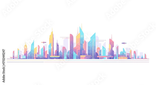 Colorful cityscape illustration with various buildings and skyscrapers in pastel shades on a white background.