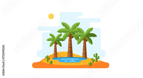 A flat design vector illustration of a desert oasis with three palm trees, a small pond, and cacti under a sunny sky.