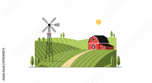 A picturesque farm scene featuring rolling green hills, a red barn, and a windmill under a bright sun.