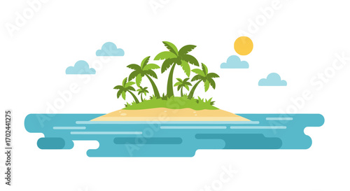 A flat vector illustration of a small tropical island with palm trees in the ocean under a sunny sky.