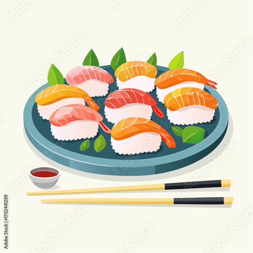 Colorful Sushi Platter with Chopsticks and Dipping Sauce Japanese Cuisine