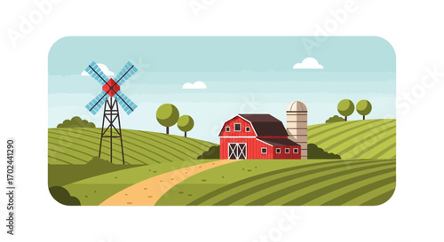 A vibrant illustration of a rural landscape featuring a red barn, windmill, and rolling green fields.