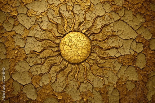 Gold sun motif on cracked, textured surface
