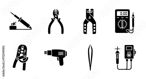 Electronics Tools Icons Soldering, Pliers, Multimeter