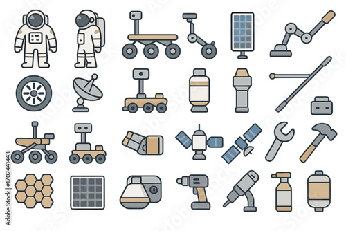 Cartoon Space Exploration Icons Set Featuring Astronauts, Rovers, Satellites, and Tools on Gradient Background