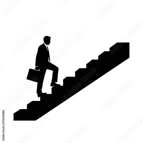 Silhouette of businessman climbing stairs with briefcase isolated on white background
