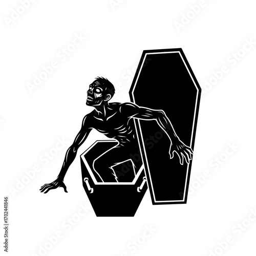 Zombie climbing out of coffin silhouette isolated on white background